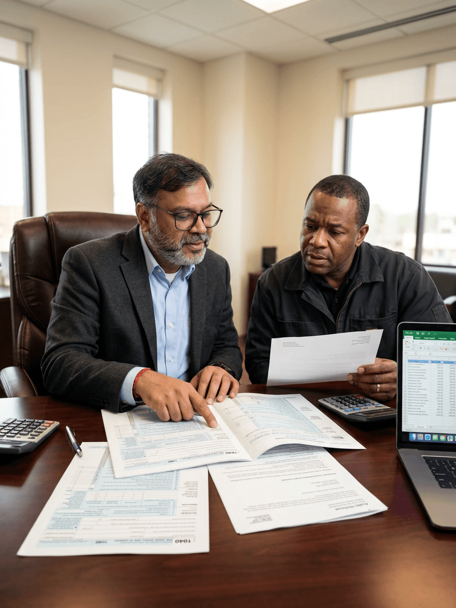 Kedar Gupta reviewing audit documents with a business owner