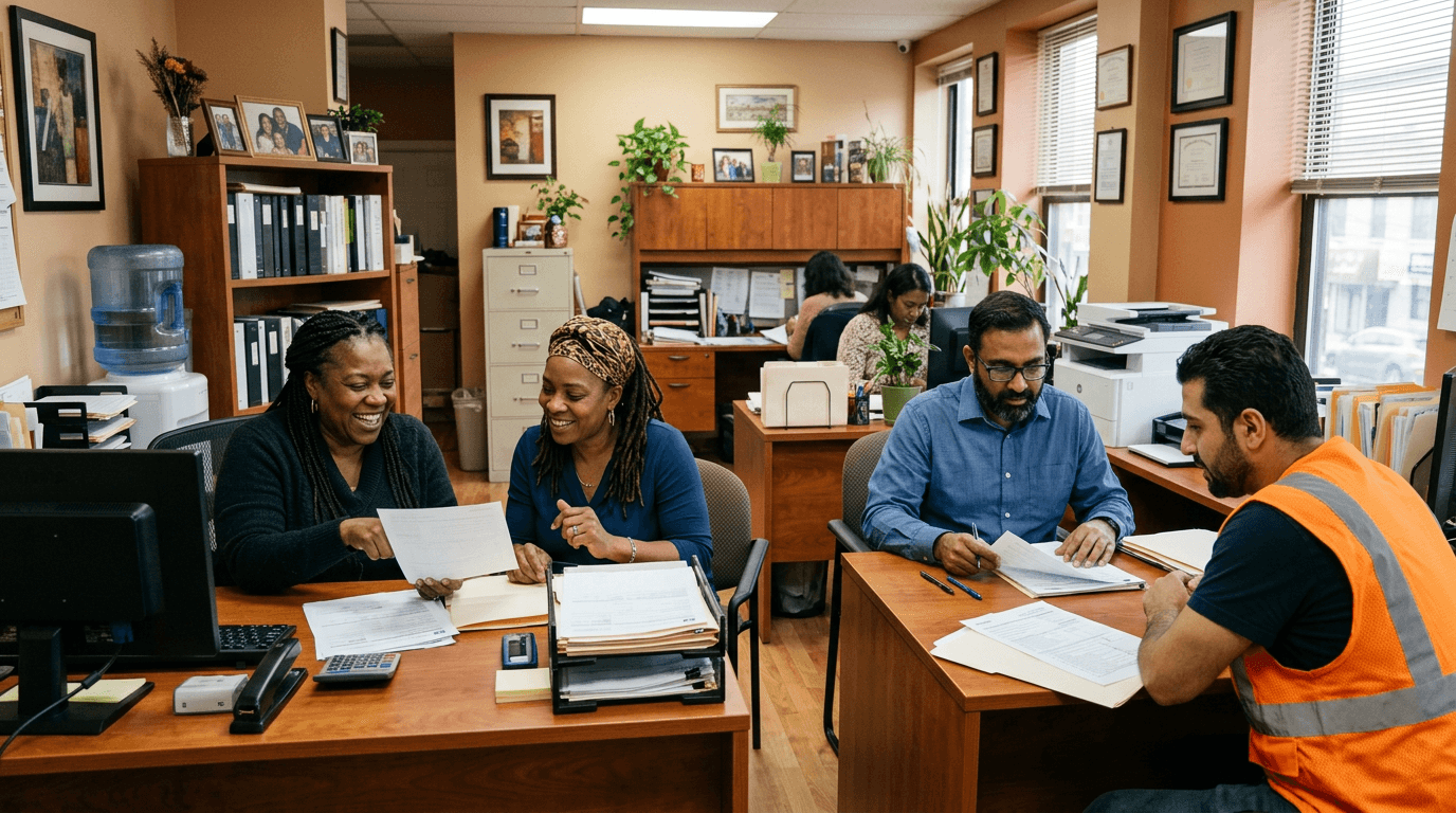 Kedar and Zia helping a client with licensing while Jay and Akram help a couple with taxes