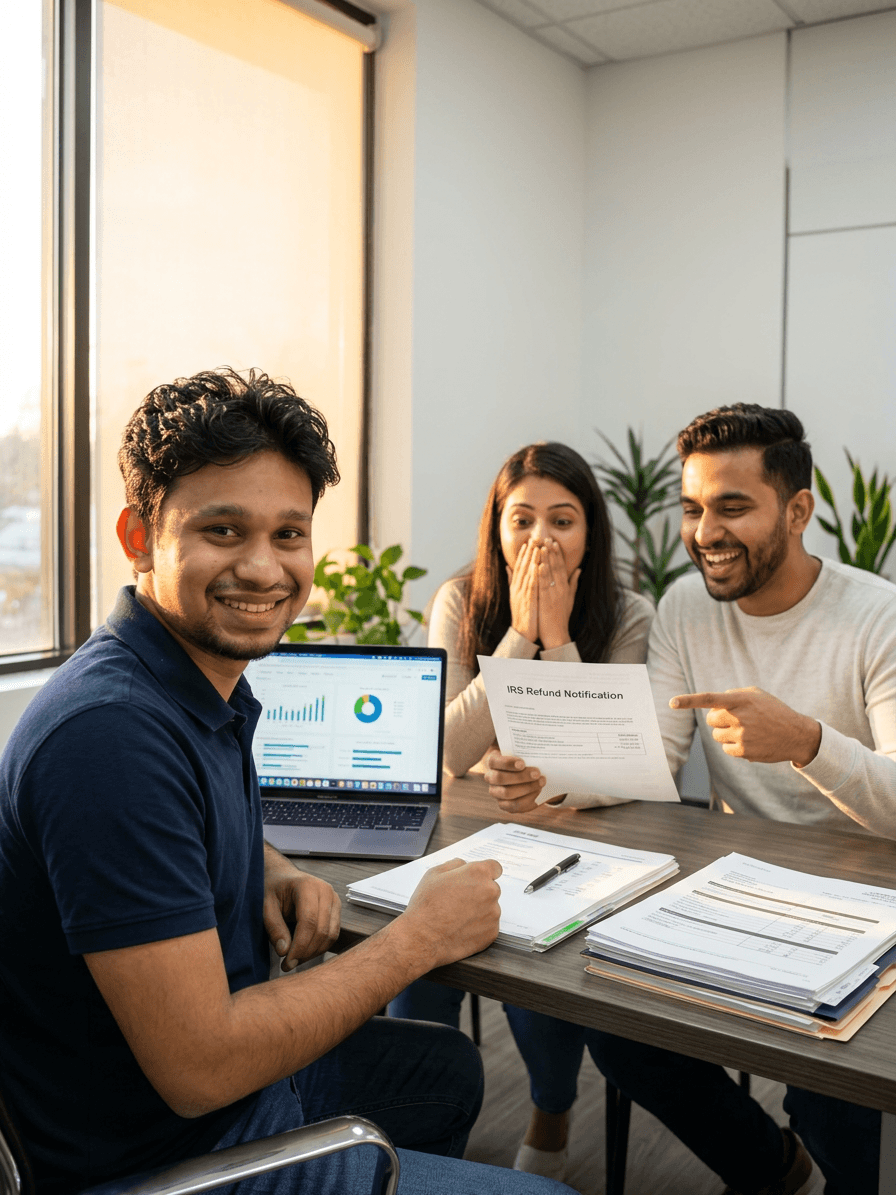 Akram Gaffor sharing good tax refund news with a happy couple