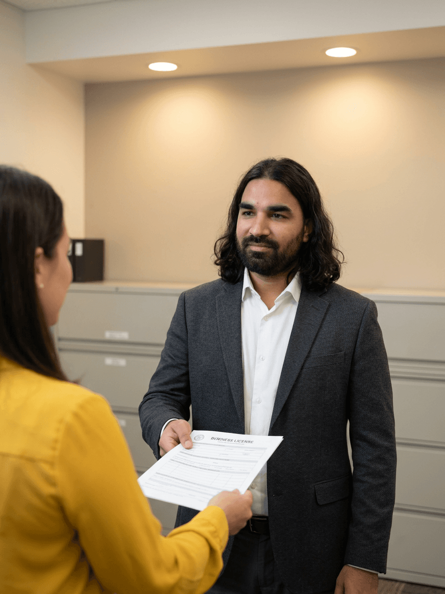 Zia Khan helping a client with licensing paperwork at a government office